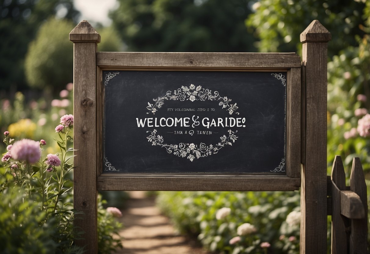 A weathered chalkboard sign hangs on a rustic garden gate, welcoming visitors with hand-drawn floral designs and the words "Welcome to my garden" in charming vintage-style lettering