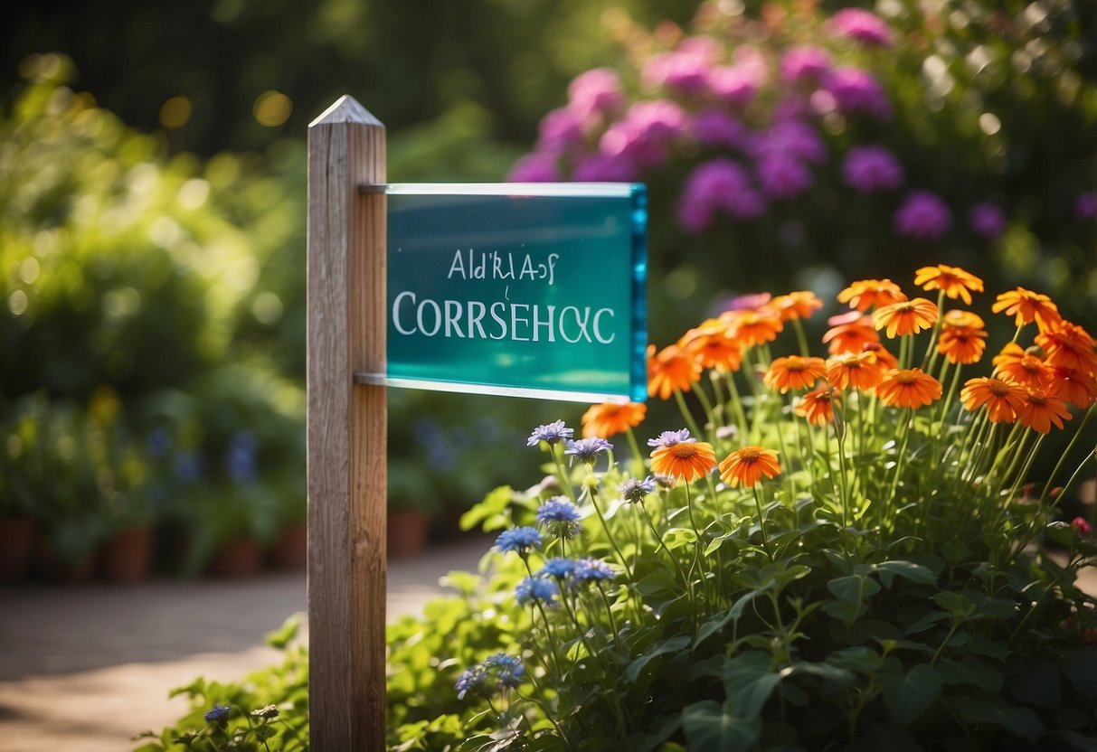 A colorful acrylic garden sign hanging from a wooden post, with vibrant flowers and greenery in the background