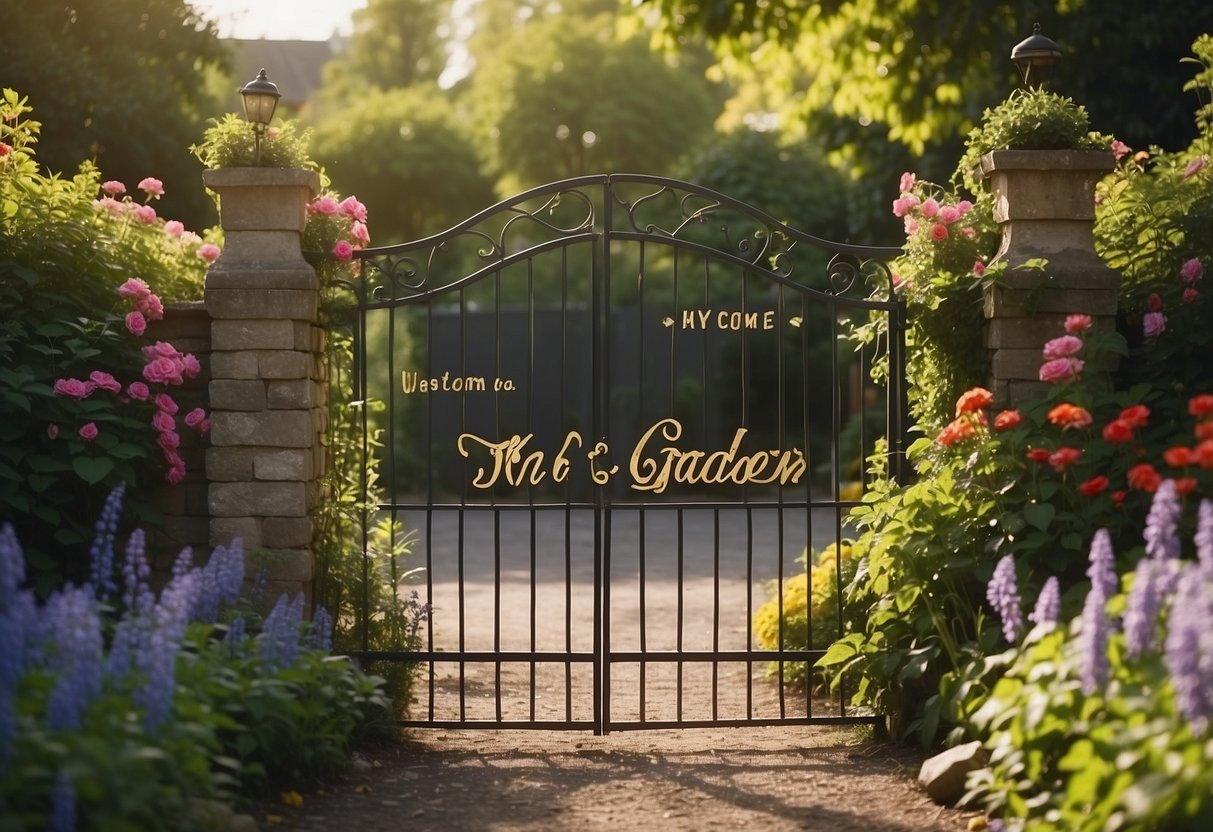 A colorful hand-painted ceramic sign hangs on a garden gate, surrounded by vibrant flowers and lush greenery. The sign reads "Welcome to my Garden" in elegant script