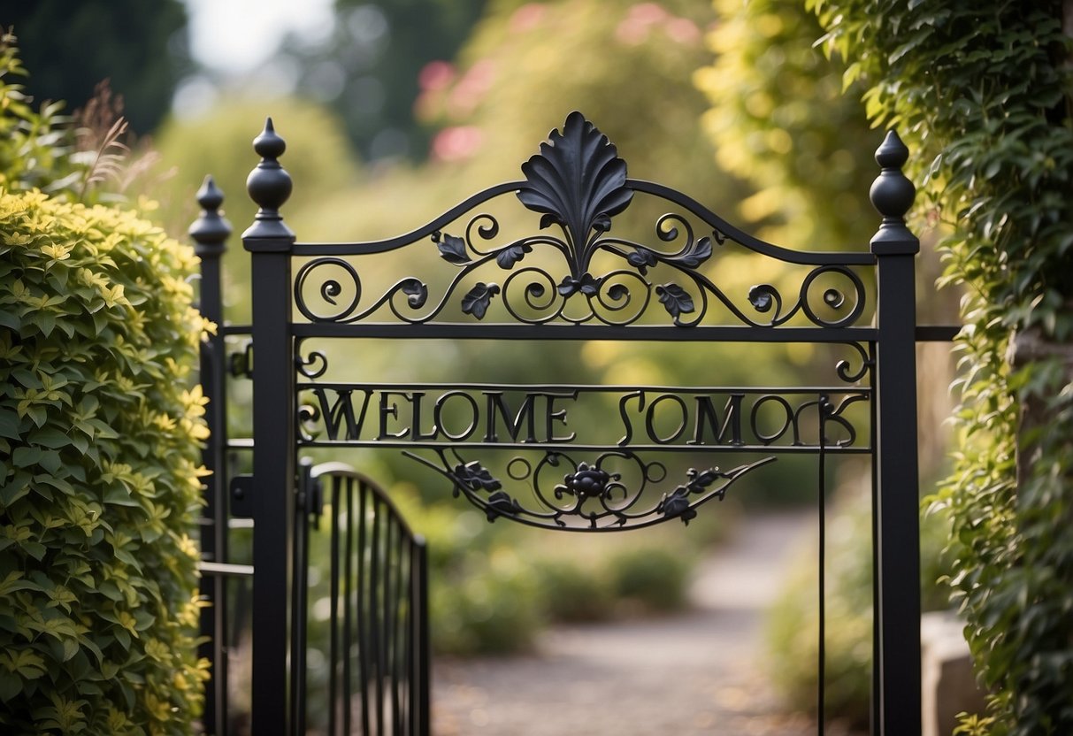 A wrought iron welcome sign adorned with a delicate floral design hangs from a garden gate, inviting visitors to enter