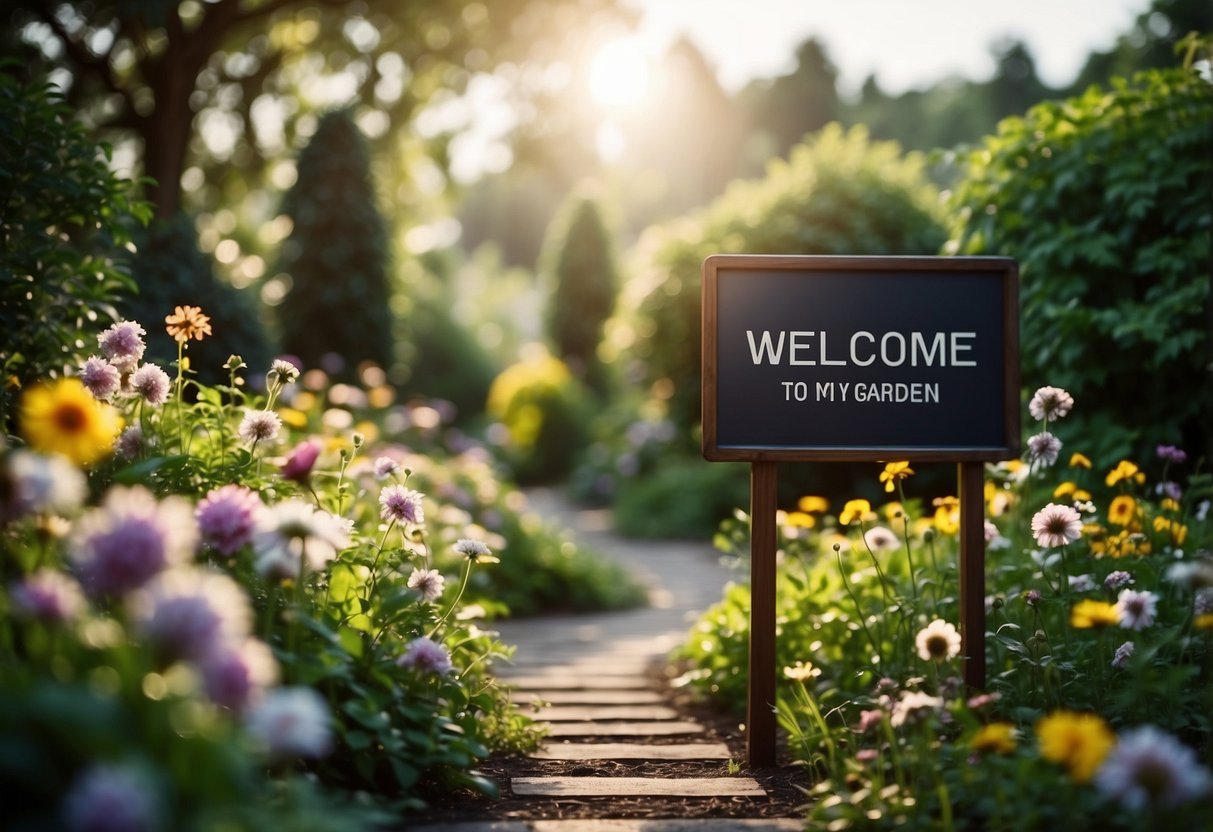 A lush garden with a solar-powered LED sign at the entrance, illuminating the words "Welcome to my garden" against a backdrop of blooming flowers and greenery