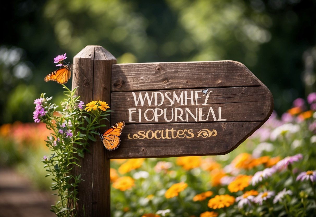 A colorful, hand-painted wooden sign hangs from a rustic post, surrounded by vibrant flowers and lush greenery. A friendly butterfly flutters nearby, adding a touch of whimsy to the charming garden entrance