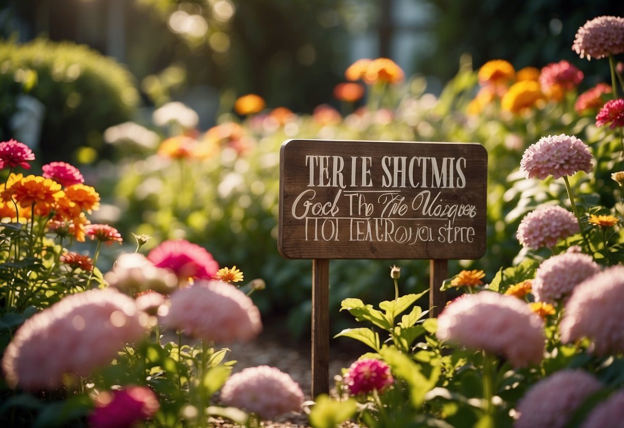 A garden sign stands in a lush, blooming garden, surrounded by colorful flowers and greenery. The sun is shining, casting a warm glow on the sign, inviting visitors to explore and enjoy the peaceful space