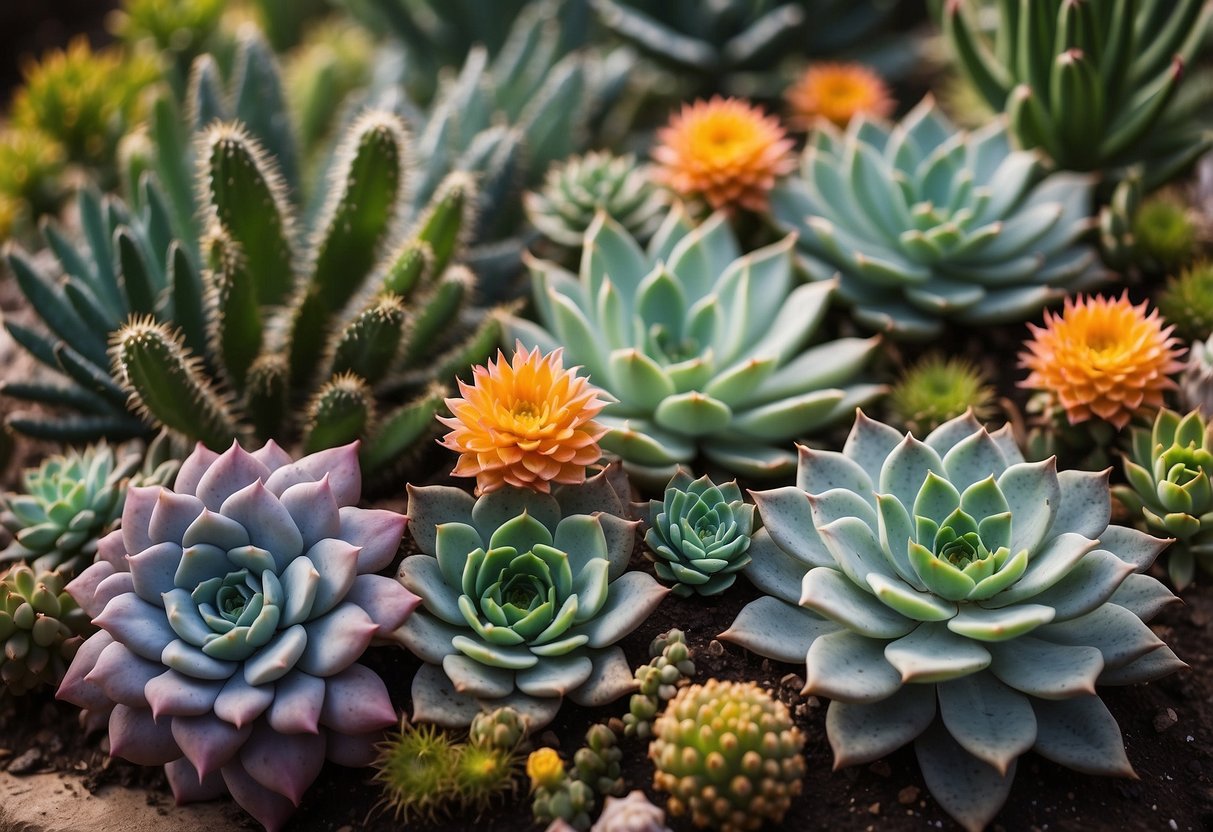 A vibrant corner of the Texas garden filled with a variety of succulents and cacti, creating a colorful and textured landscape