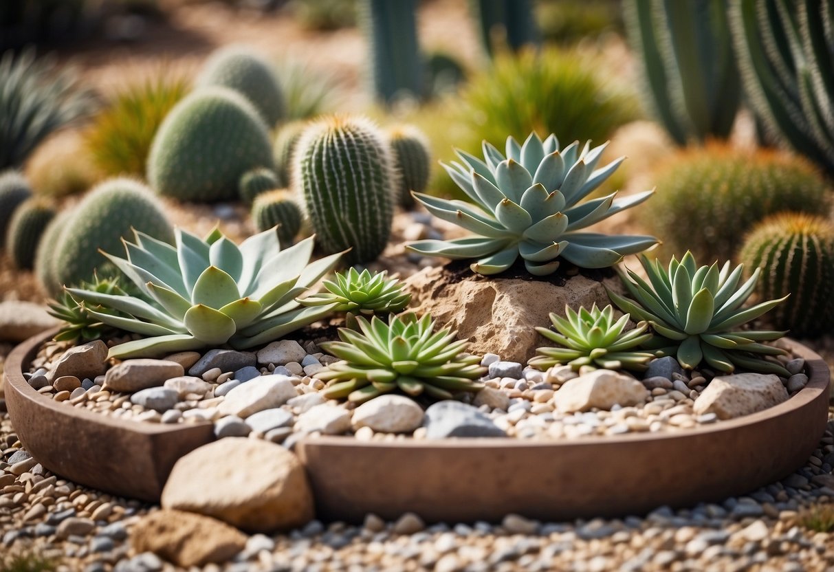 A rock garden with drought-tolerant plants and succulents, surrounded by gravel and boulders. A small fountain trickles in the center, with cacti and yucca adding height and texture