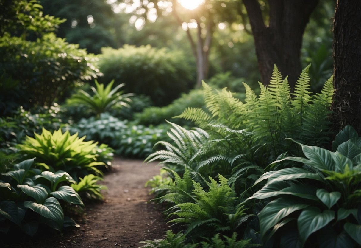 A lush garden with shady ferns and hostas creating a haven of greenery and tranquility in a Texas landscape