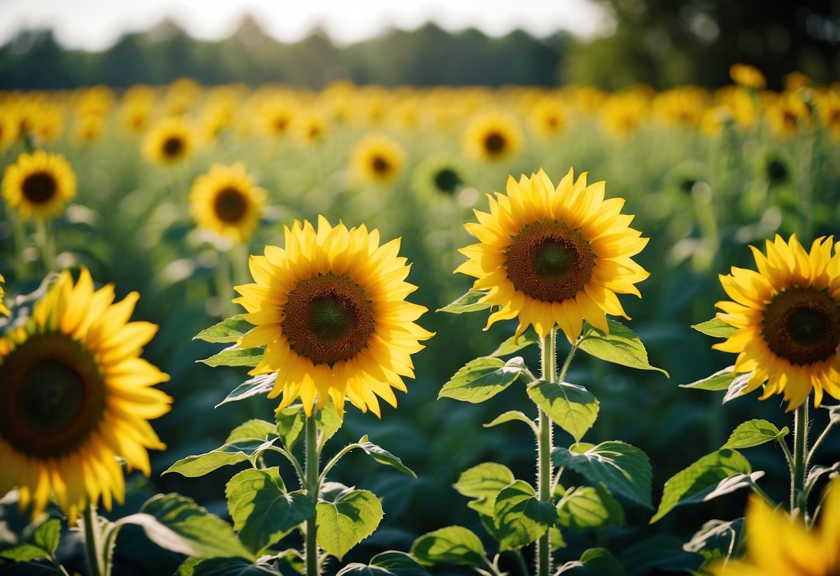 A vibrant sunflower patch basks in the warm Texas sun, creating a stunning display of yellow and green in a lush garden setting