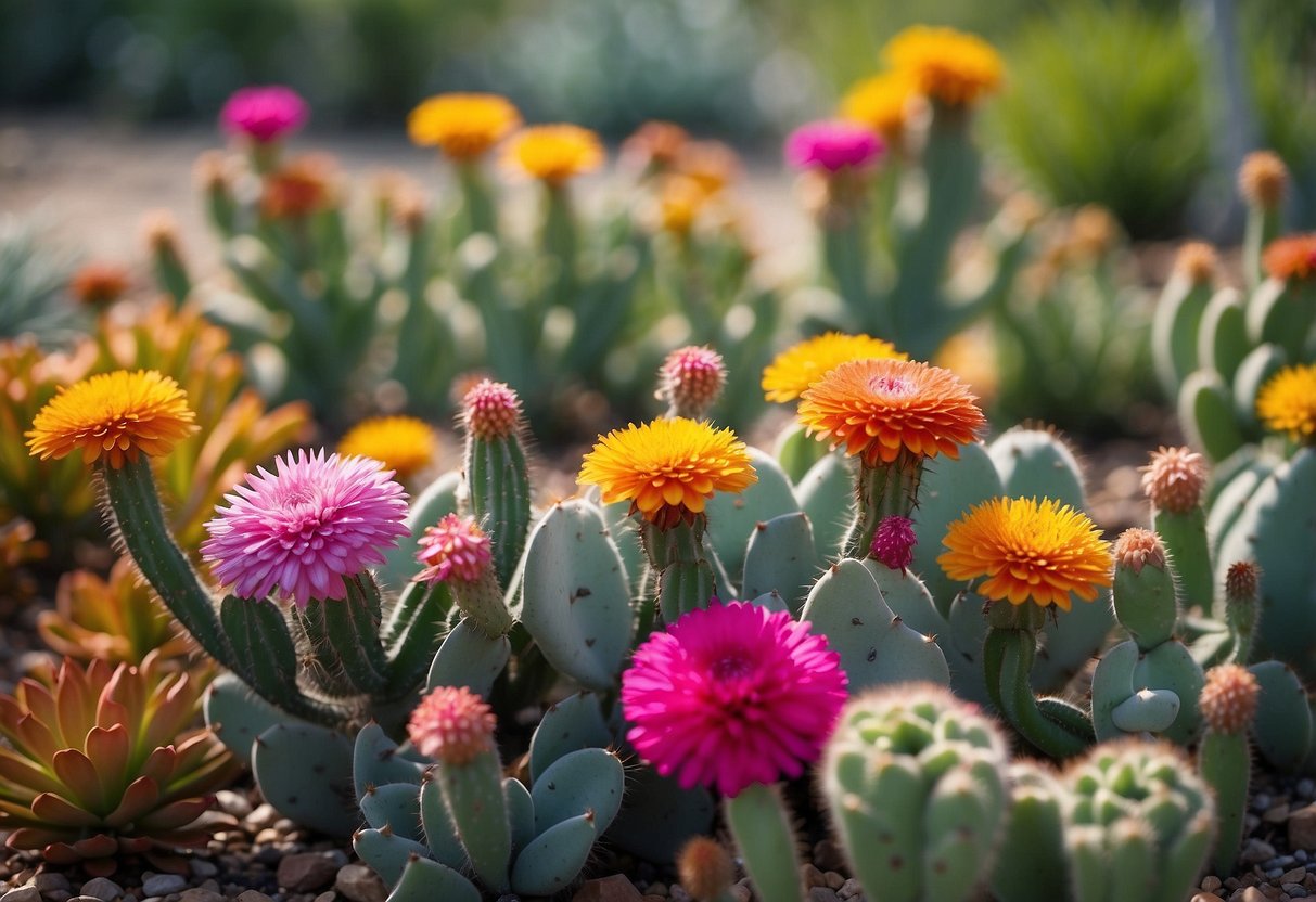 Vibrant flowers bloom in a Texas garden year-round, with a mix of native and exotic species. The garden features a variety of colors and textures, including wildflowers, cacti, and succulents