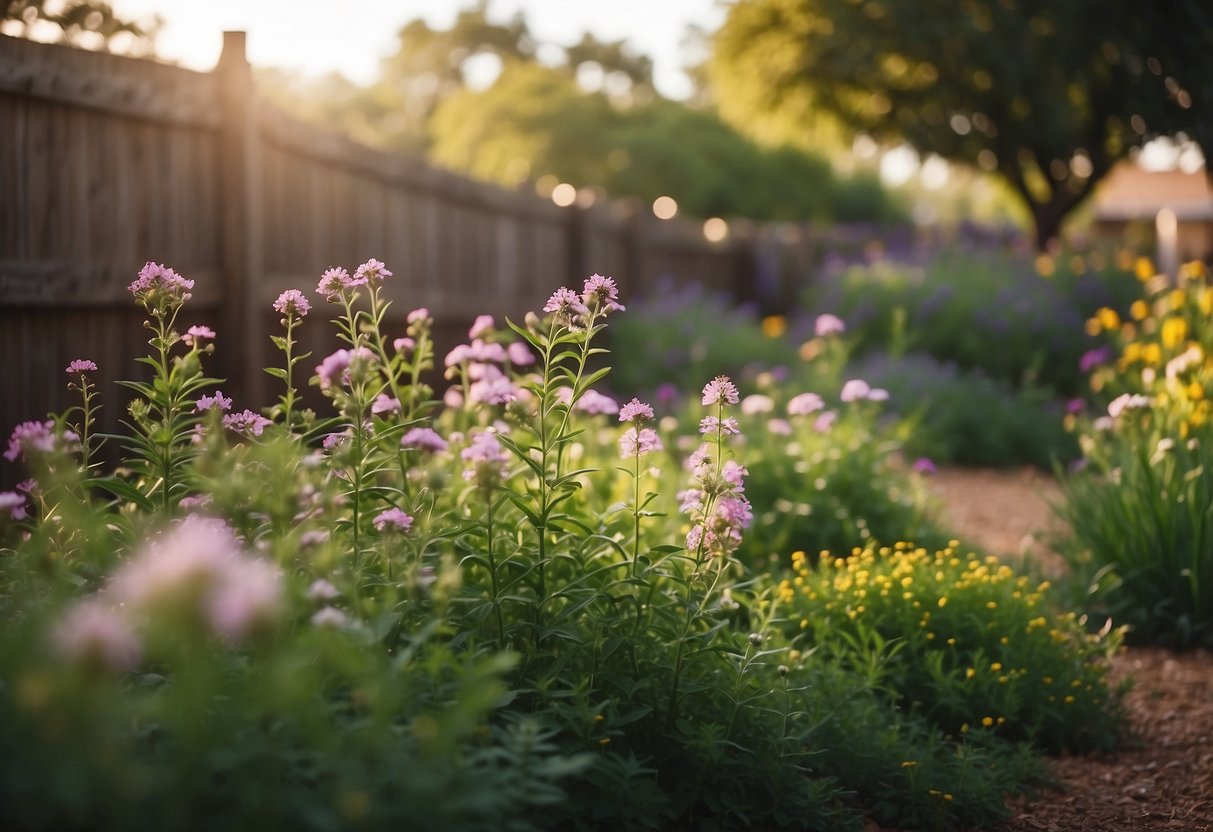 Lush Texas flower garden with native plants, rainwater collection, and composting bins, surrounded by a wooden fence and buzzing with pollinators