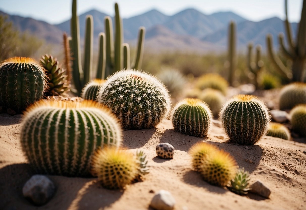 A desert landscape with cacti, succulents, and other drought-tolerant plants arranged in a garden setting. Sand, rocks, and a backdrop of mountains complete the scene