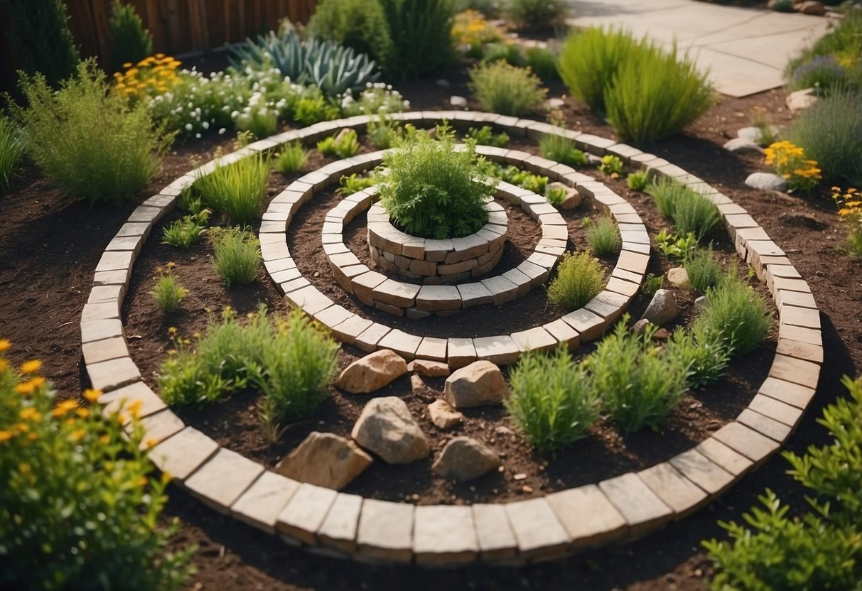 A circular herb spiral garden design with various plants, rocks, and pathways in a Utah backyard