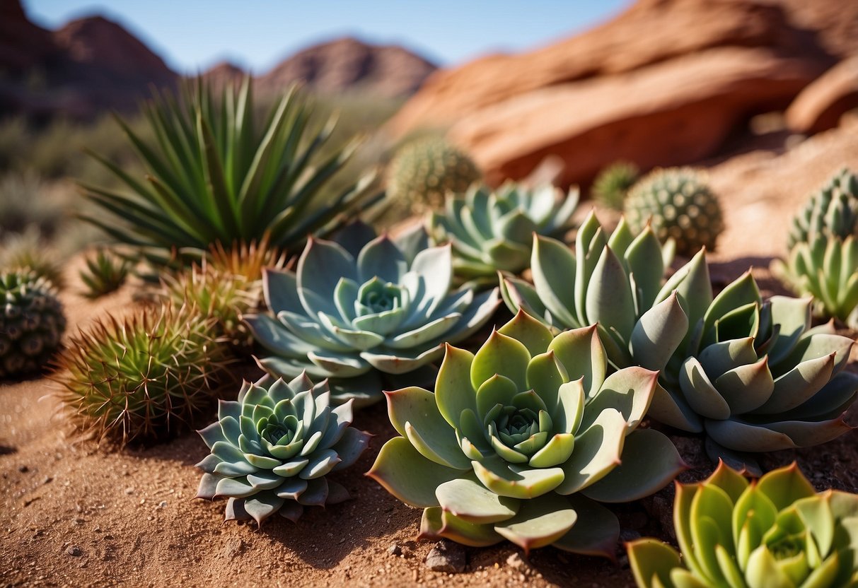 A variety of succulents and cacti arranged in a desert garden, with red rocks and sand in the background