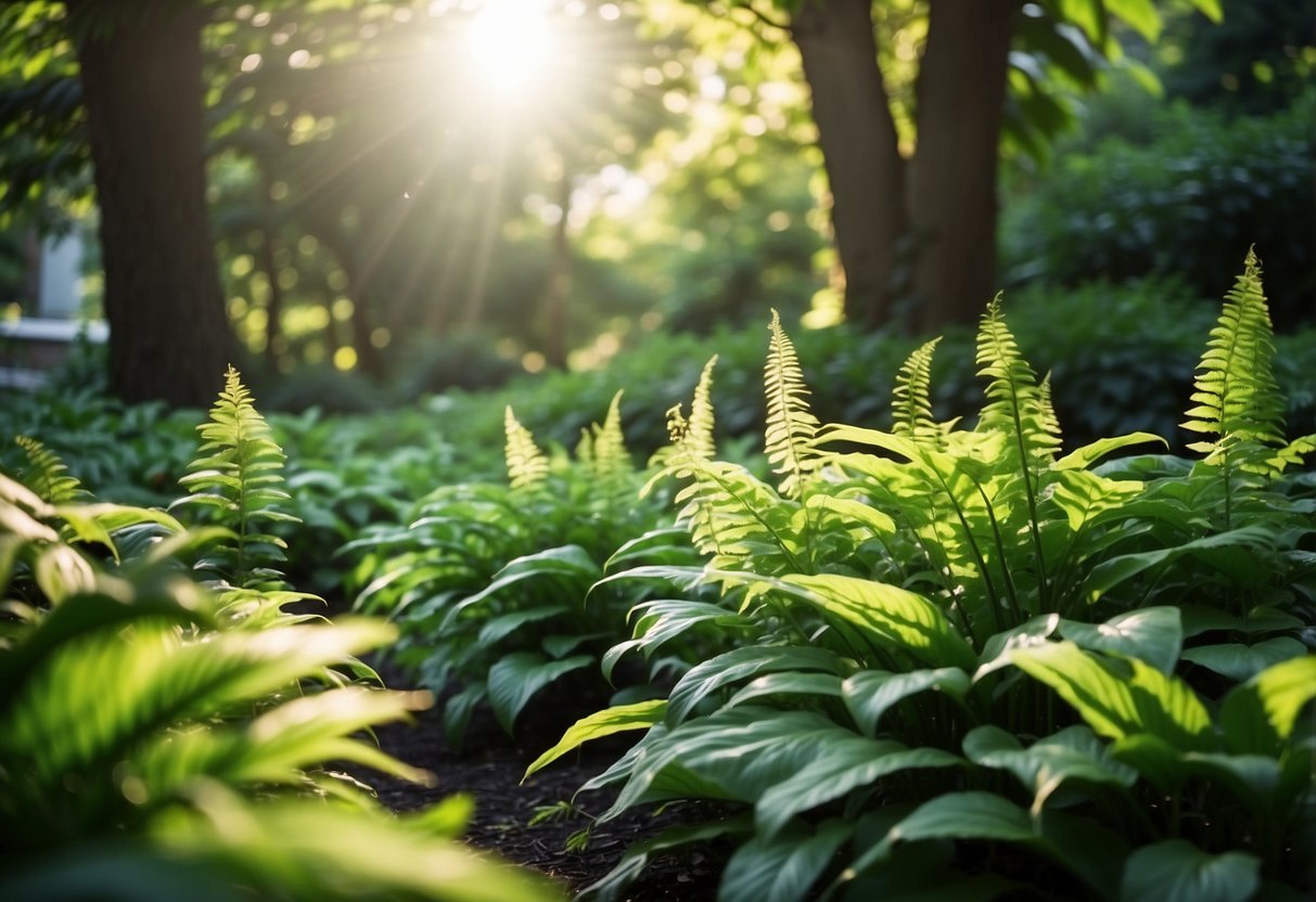 Lush green foliage of hostas and ferns fill the shaded garden. Dappled sunlight filters through the trees, creating a serene and peaceful atmosphere