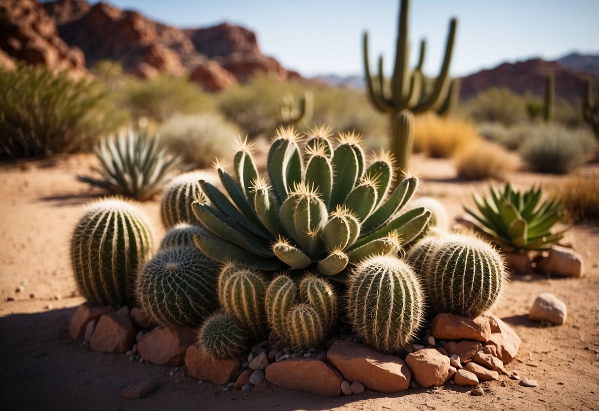 A desert landscape with red rock formations, cacti, and succulents thriving in the arid climate. A small garden plot showcases drought-resistant plants and efficient irrigation methods