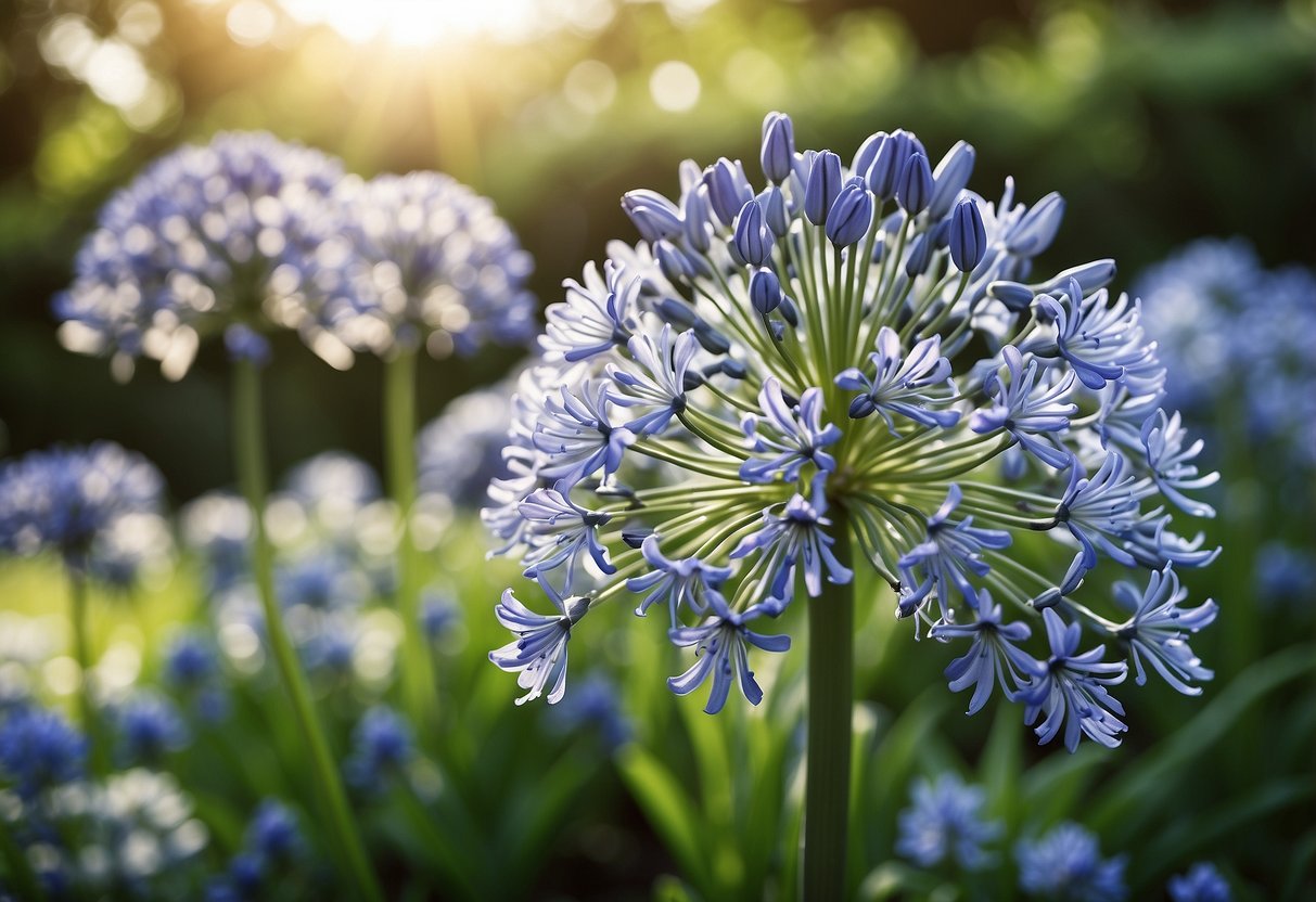 A lush garden filled with Agapanthus 'Albus' in full bloom, creating a serene and elegant white garden landscape