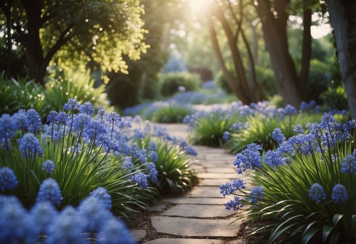 Pathways adorned with blooming Agapanthus 'Blue Heaven' in a lush garden setting