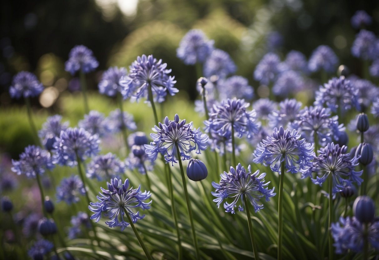 A garden bed filled with mixed Agapanthus 'Donau' and Lavender agapanthus, creating a beautiful and colorful display of different shades of blue and purple flowers