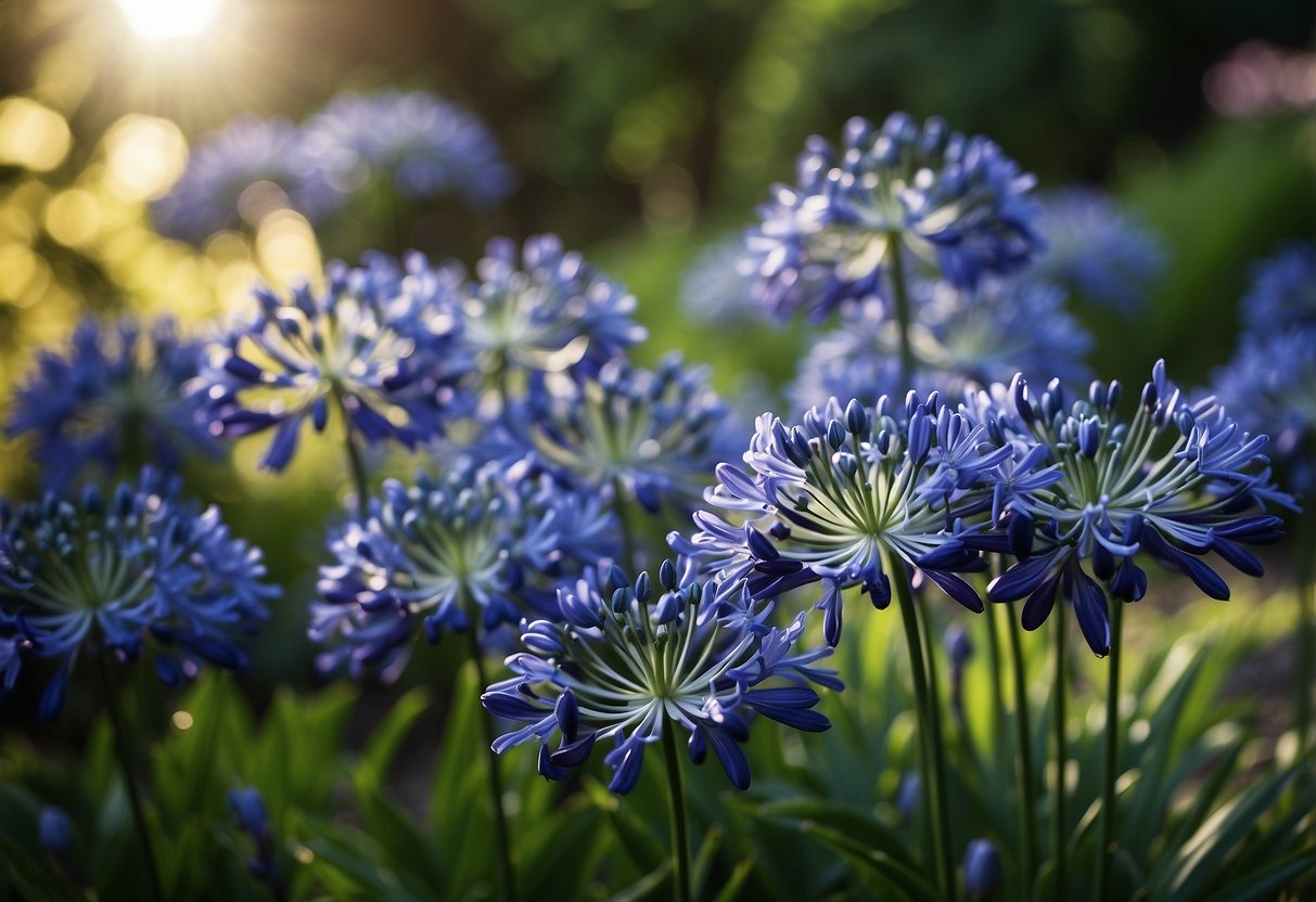 A lush garden with borders of Agapanthus 'Midnight Cascade', cascading over the edges. The deep blue flowers contrast against the green foliage, creating a beautiful and serene scene