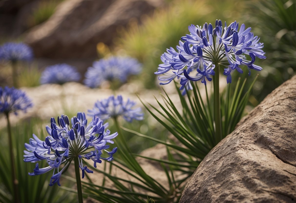 Vibrant agapanthus blooms cascade over rugged rock formations in a serene garden setting