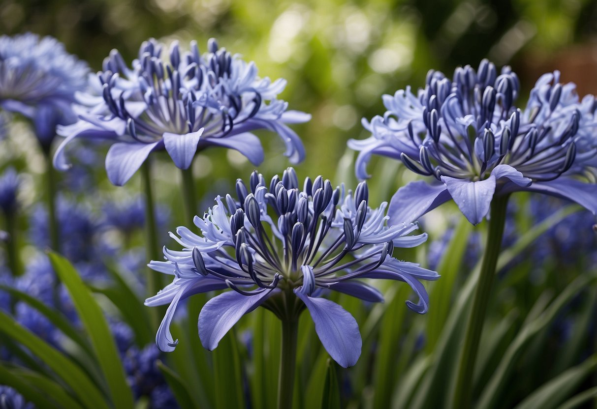 A lush garden filled with vibrant agapanthus blooms, surrounded by a variety of green foliage and winding pathways, creating a serene and inviting atmosphere