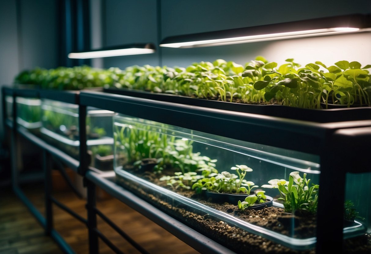 An aquaponics system in a well-lit apartment with plants growing in water-filled beds, fish swimming in tanks, and pipes connecting the two components