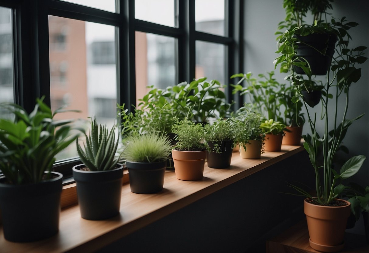 A cozy apartment with a small, modern indoor garden featuring smart technology. Lush green plants and herbs thrive in sleek, space-saving containers, adding a touch of nature to the urban living space