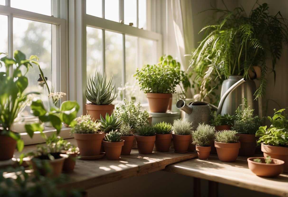 A bright, sunlit room with shelves of lush, thriving plants. Soft, natural light filters through sheer curtains, illuminating the greenery. A small table holds gardening tools and a watering can, adding to the serene, nurturing atmosphere