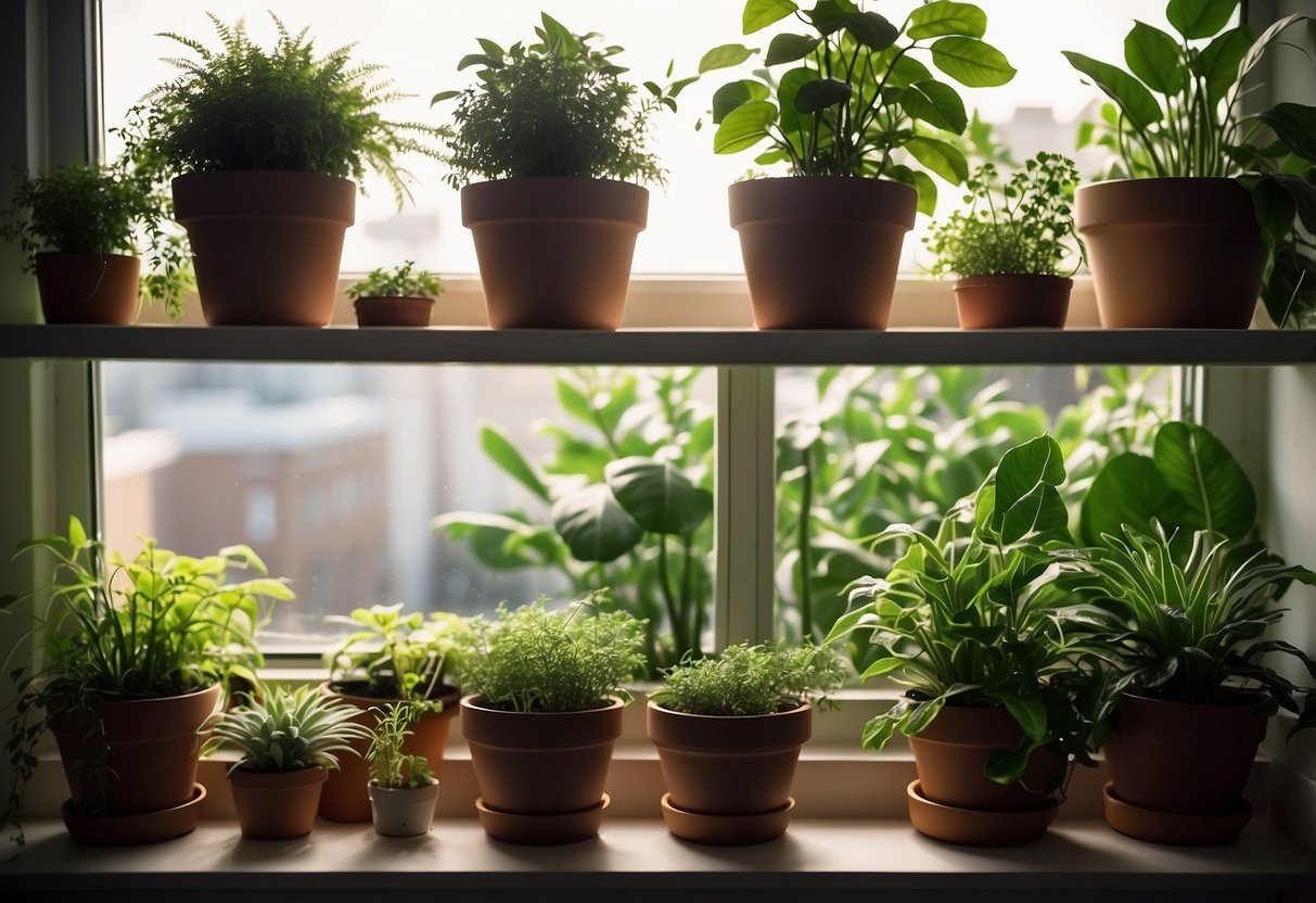 Lush green plants fill a cozy apartment, nestled in various pots and hanging planters. Sunlight streams through the windows, casting a warm glow on the thriving indoor garden