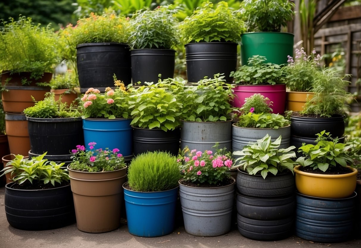 Various containers, such as old tires, cans, and buckets, transformed into planters. Lush green plants and flowers growing out of them, creating a beautiful and sustainable garden