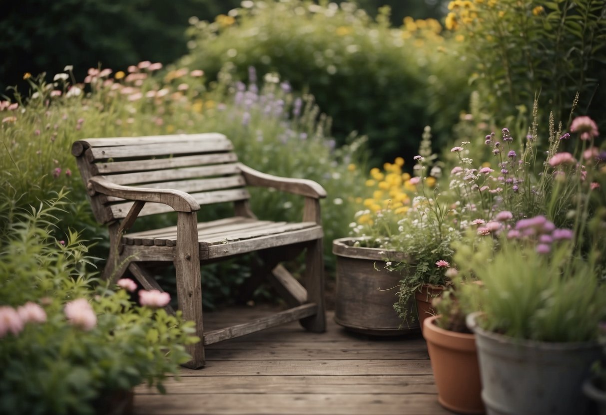 A collection of worn garden furniture sits among overgrown plants and wildflowers, creating a rustic and charming outdoor space