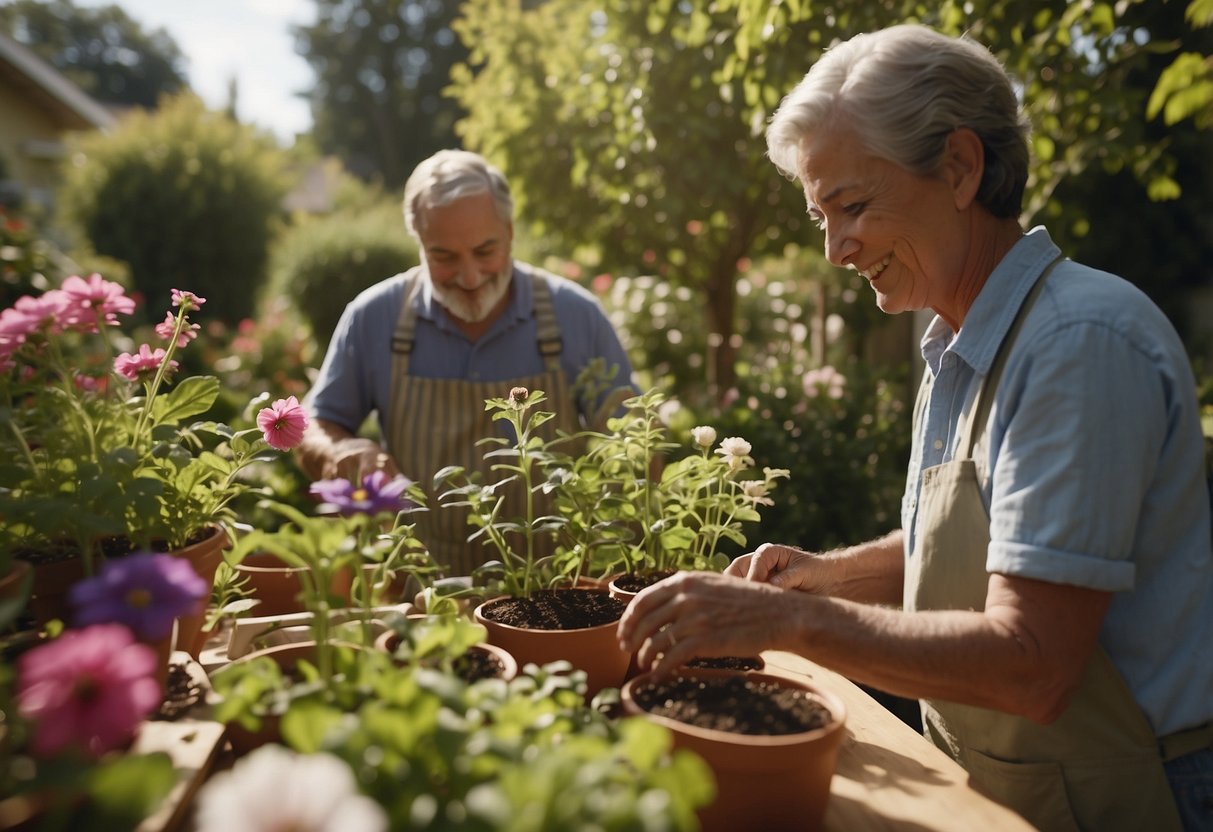 Neighbors exchange seeds in a sunny garden, surrounded by blooming flowers and lush green plants. A table displays various seed packets, while people chat and share gardening tips