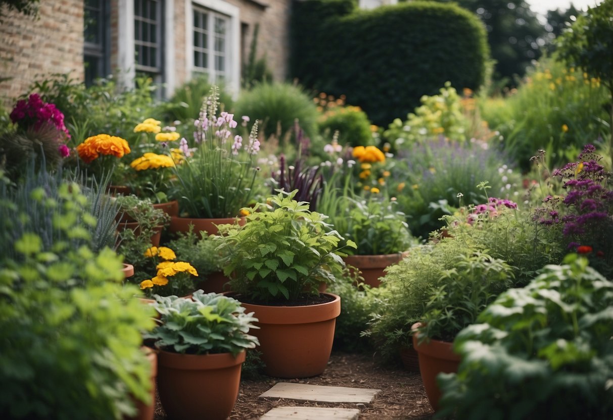 A lush garden bursting with vibrant flowers, herbs, and vegetables, all grown using simple DIY techniques and materials found for free