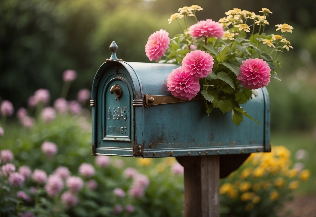 A vintage mailbox repurposed as a garden glove storage. Rustic charm with weathered paint, nestled among blooming flowers and lush greenery