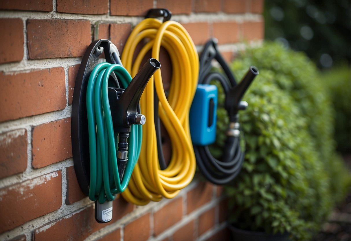 A wall-mounted hose holder with hooks for garden gloves and other accessories