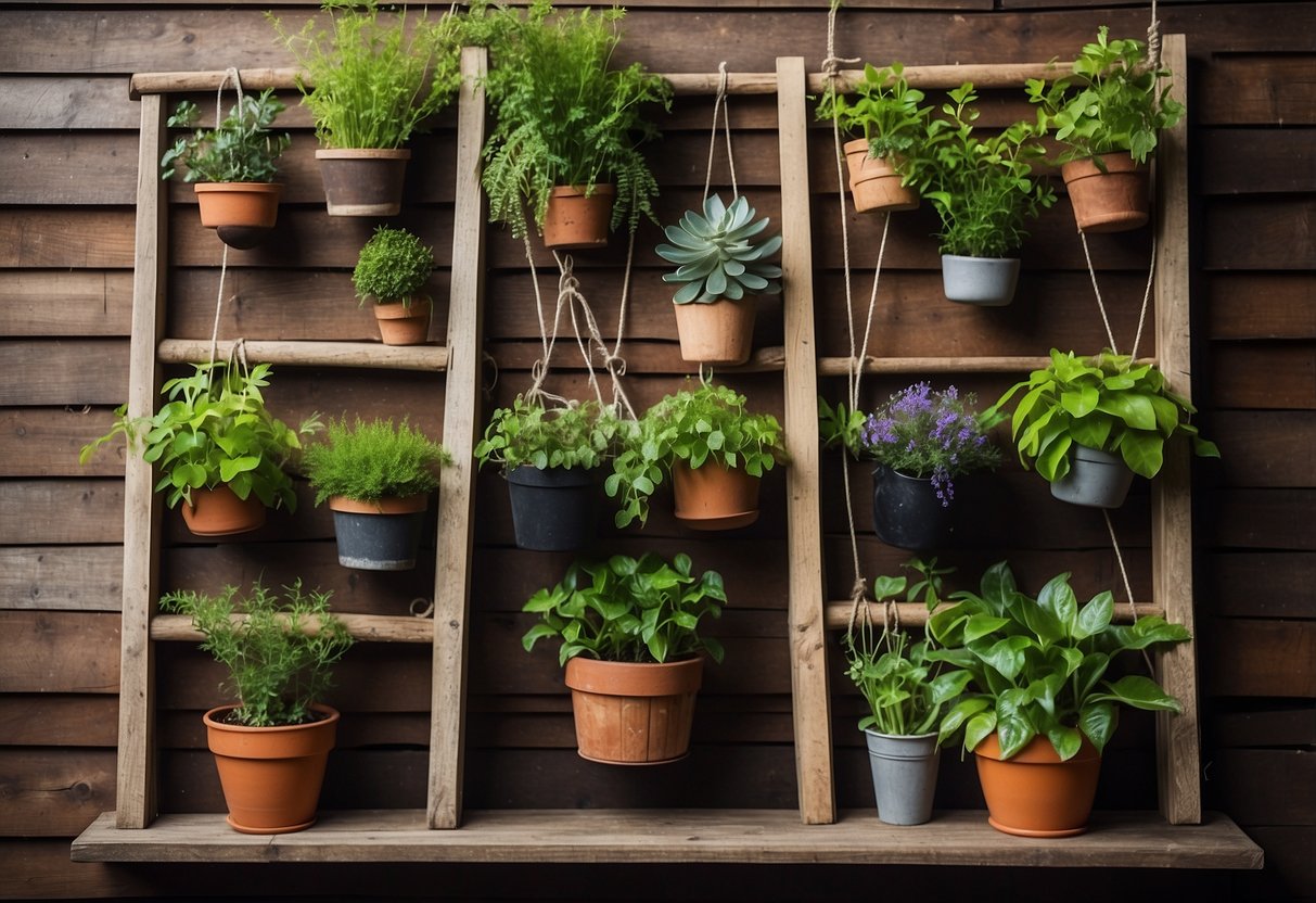 An old wooden ladder transformed into a vertical garden glove storage unit, adorned with hanging plants and a rustic charm