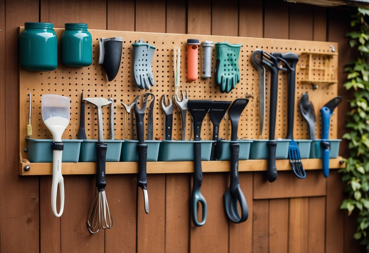 A pegboard mounted on a garden shed wall, holding neatly organized gardening gloves, with labeled hooks for each pair