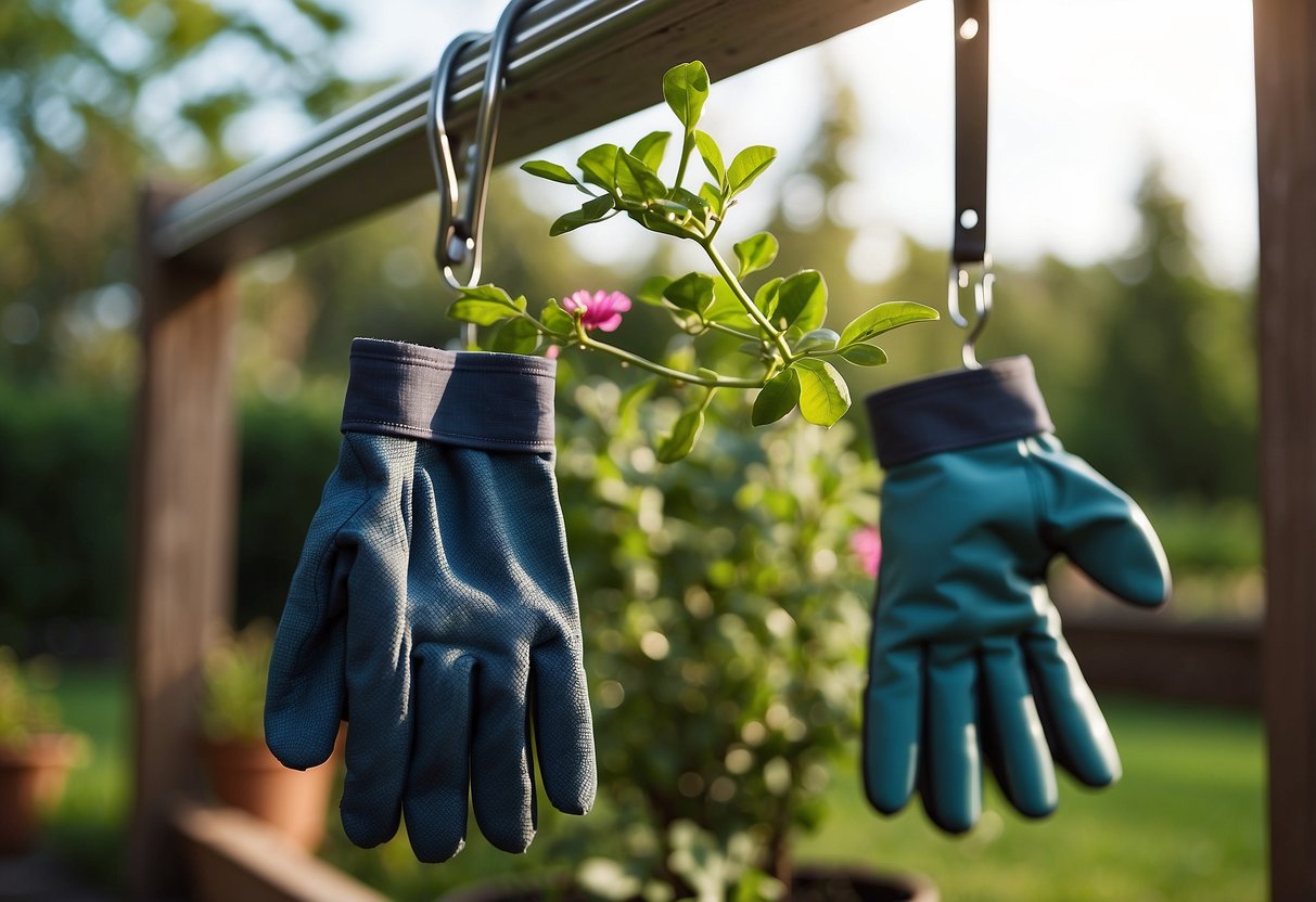 A tension rod holds garden gloves, with hooks for easy access