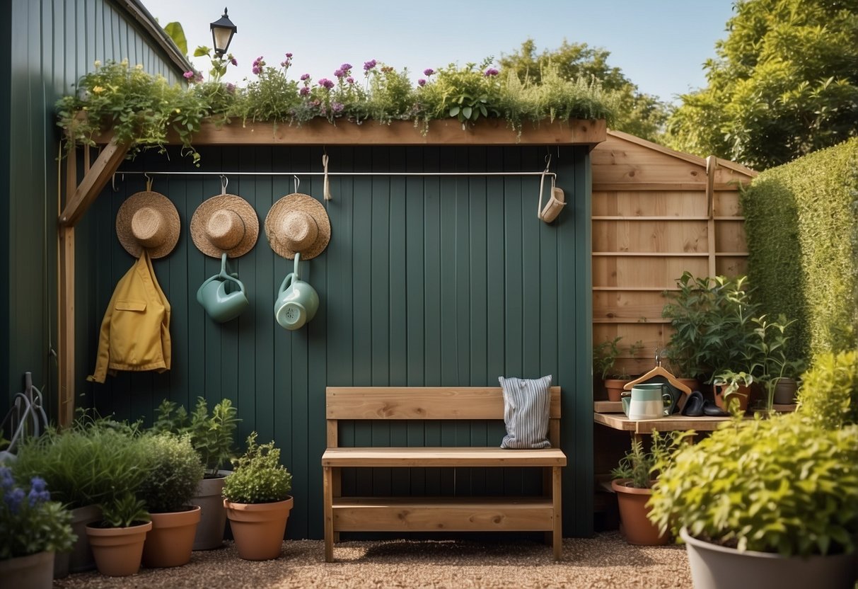 A small shed with organized garden glove storage. Hooks and shelves hold gloves, while a bench provides seating. A watering can and potted plants add to the scene