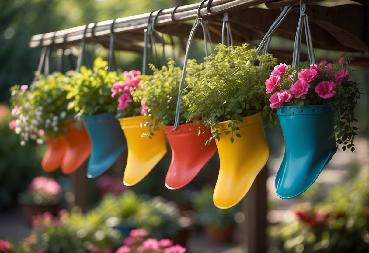 A series of hanging baskets filled with gardening gloves, neatly organized and labeled for easy access