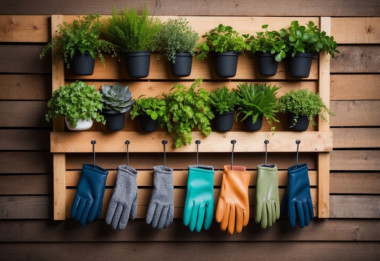 A wooden pallet transformed into a vertical garden glove storage unit, with various gloves neatly arranged and hanging from the slats