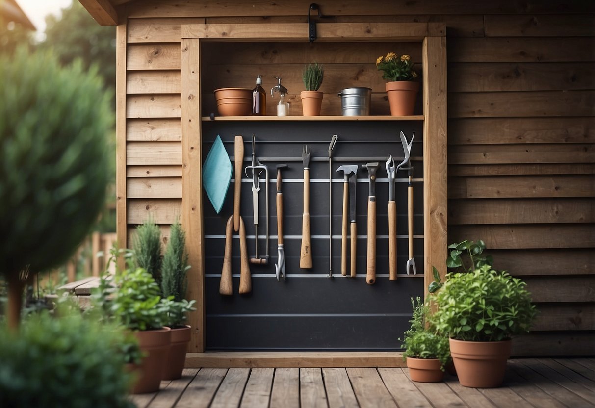 A tool apron hangs on a garden shed door, with neatly organized garden gloves and storage ideas displayed inside