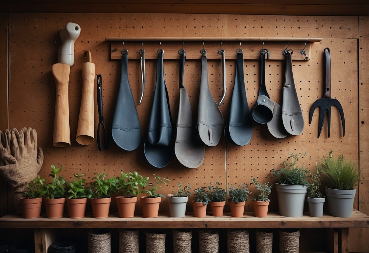 Garden gloves hang neatly on a wooden pegboard. Pots of various sizes and colors sit on shelves, filled with gardening tools and supplies