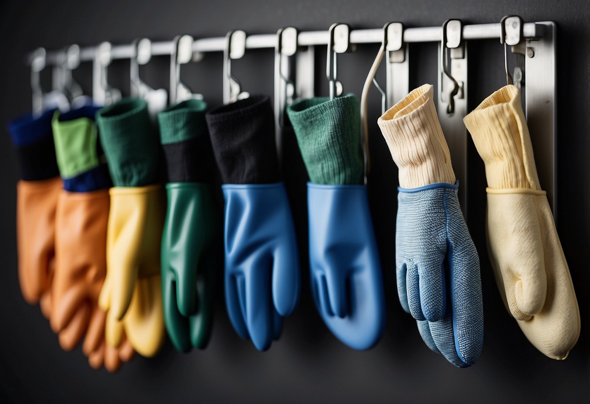 A row of neatly hung garden gloves on hooks, with a labeled storage bin for easy organization. A small shelf holds cleaning supplies and a brush for maintenance