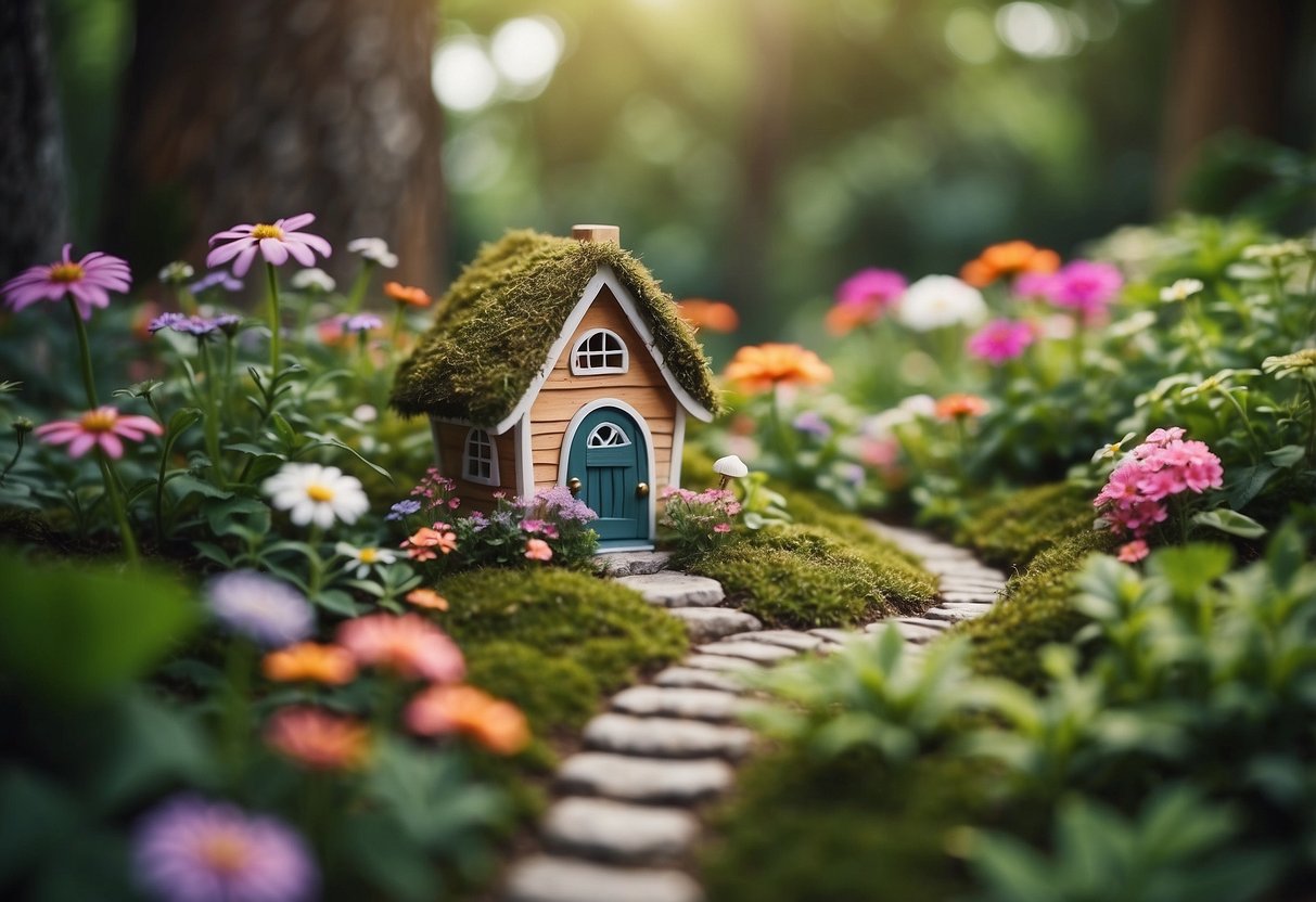 A cozy gnome house nestled among colorful flowers and lush greenery, with a winding path leading up to the front door