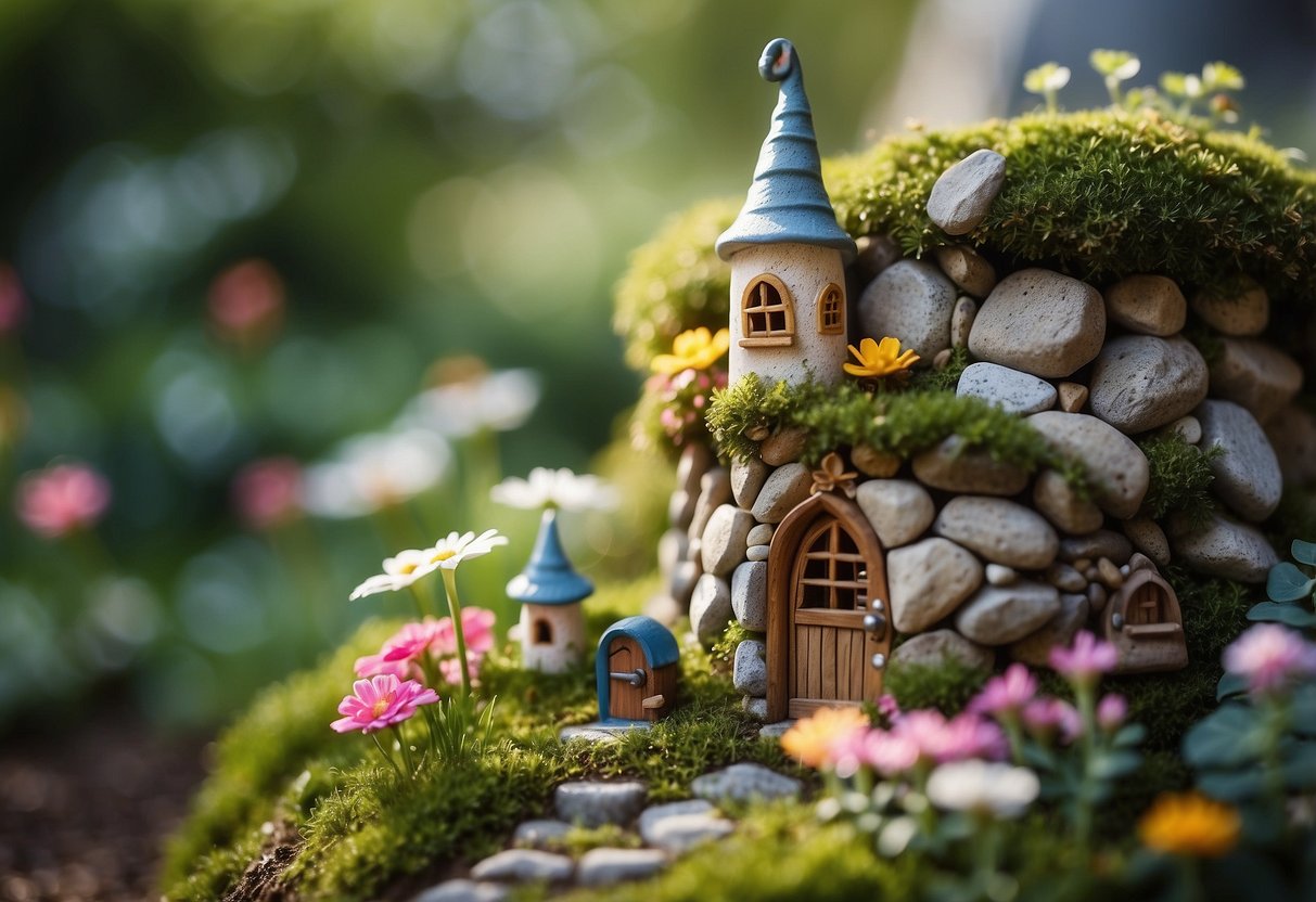 The Stone Tower Gnome Fortress is a whimsical garden filled with tiny gnome houses nestled among colorful flowers and lush greenery