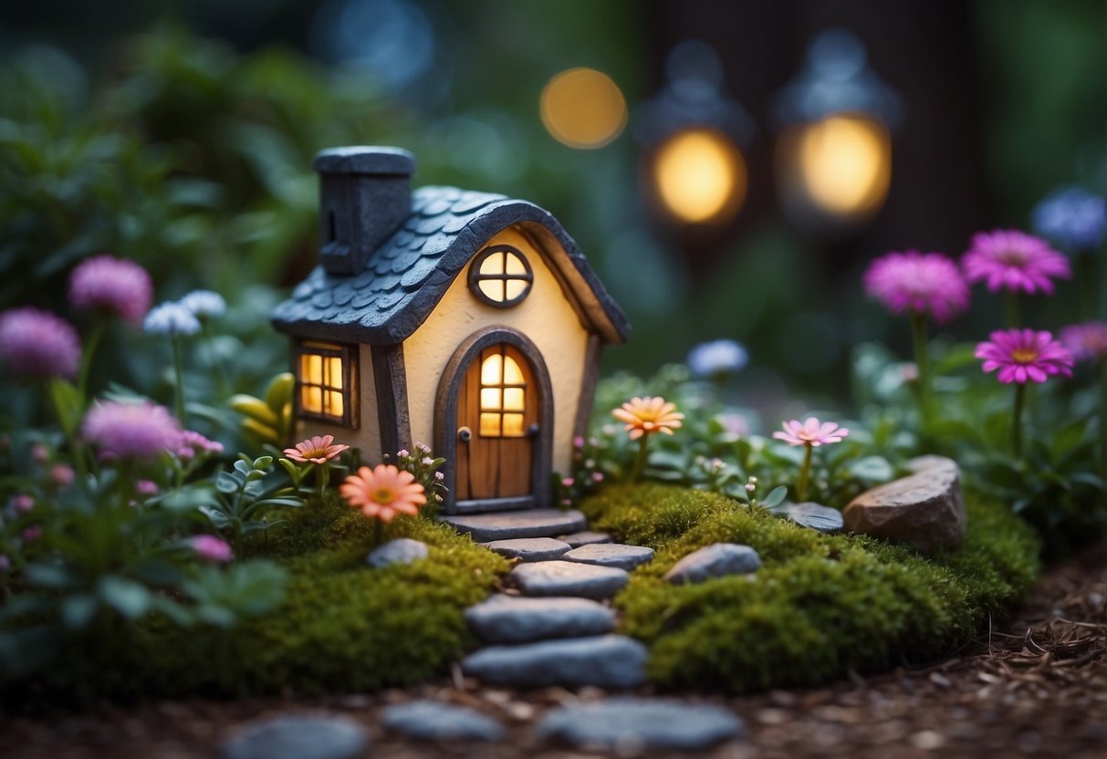 A lantern-lit gnome house nestled in a whimsical garden, surrounded by colorful flowers, lush greenery, and a winding stone path