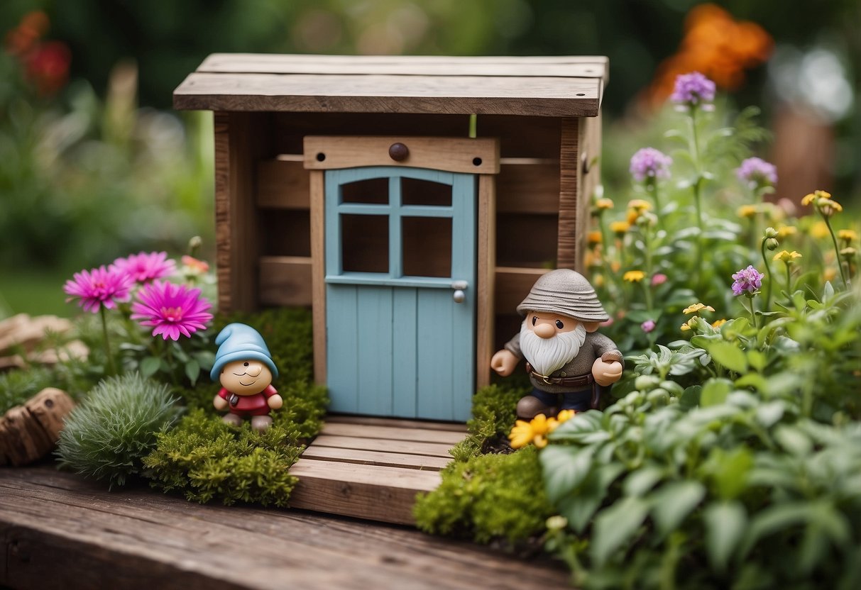 A quaint gnome hut made from upcycled wooden crates sits nestled in a garden, surrounded by colorful flowers and lush greenery