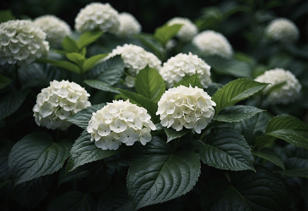 White hydrangeas are being mixed with evergreens in a lush garden. The hydrangeas stand out against the dark green foliage, creating a serene and elegant scene