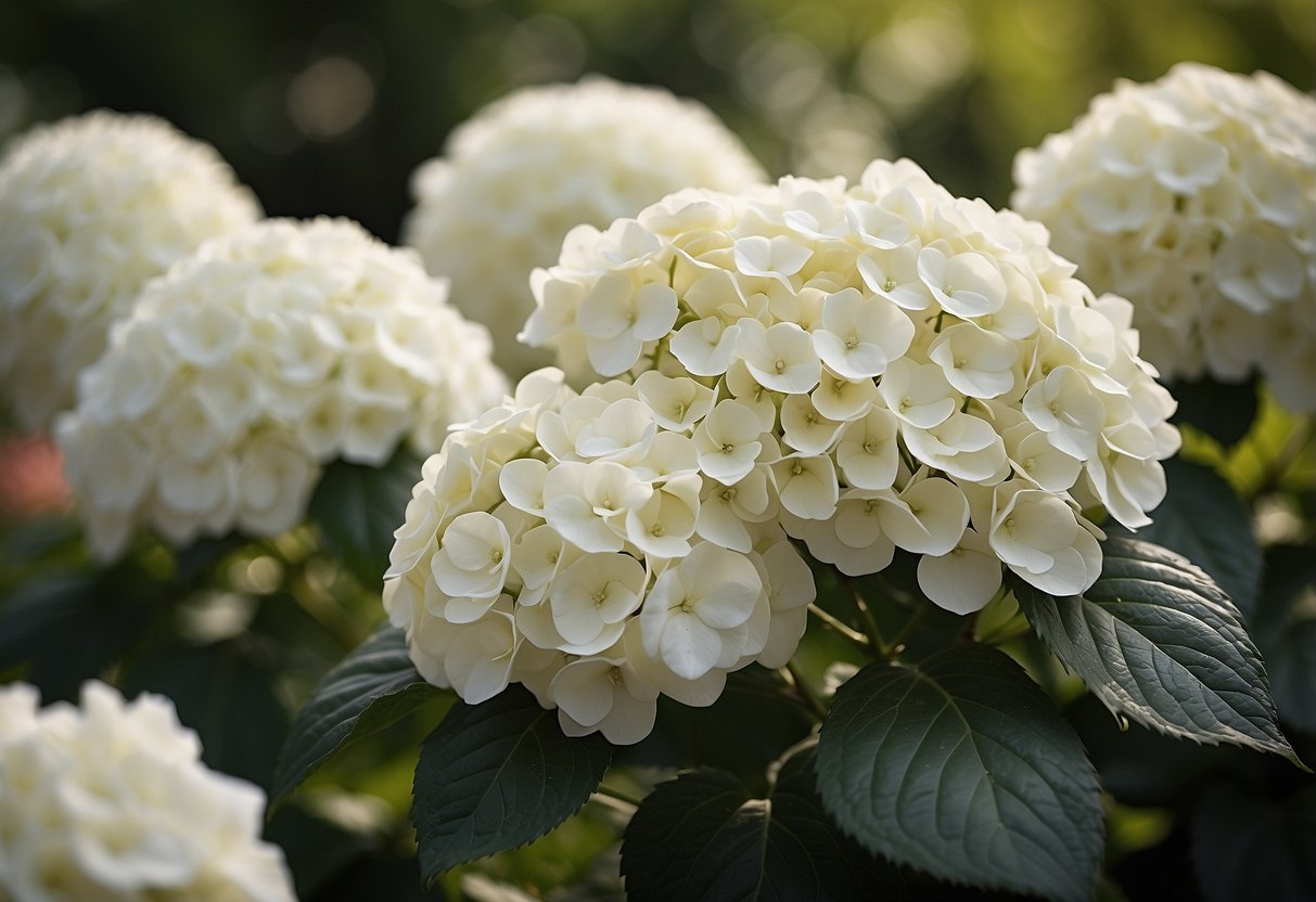 A garden filled with white hydrangeas and complemented by white roses, creating a serene and elegant floral display