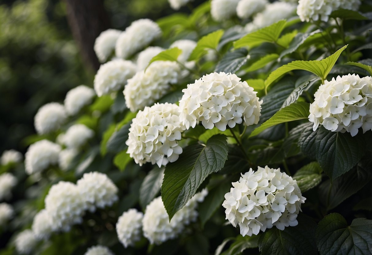 A lush garden filled with varying sizes of white hydrangeas in bloom. The different bloom sizes create a beautiful and dynamic display of white flowers